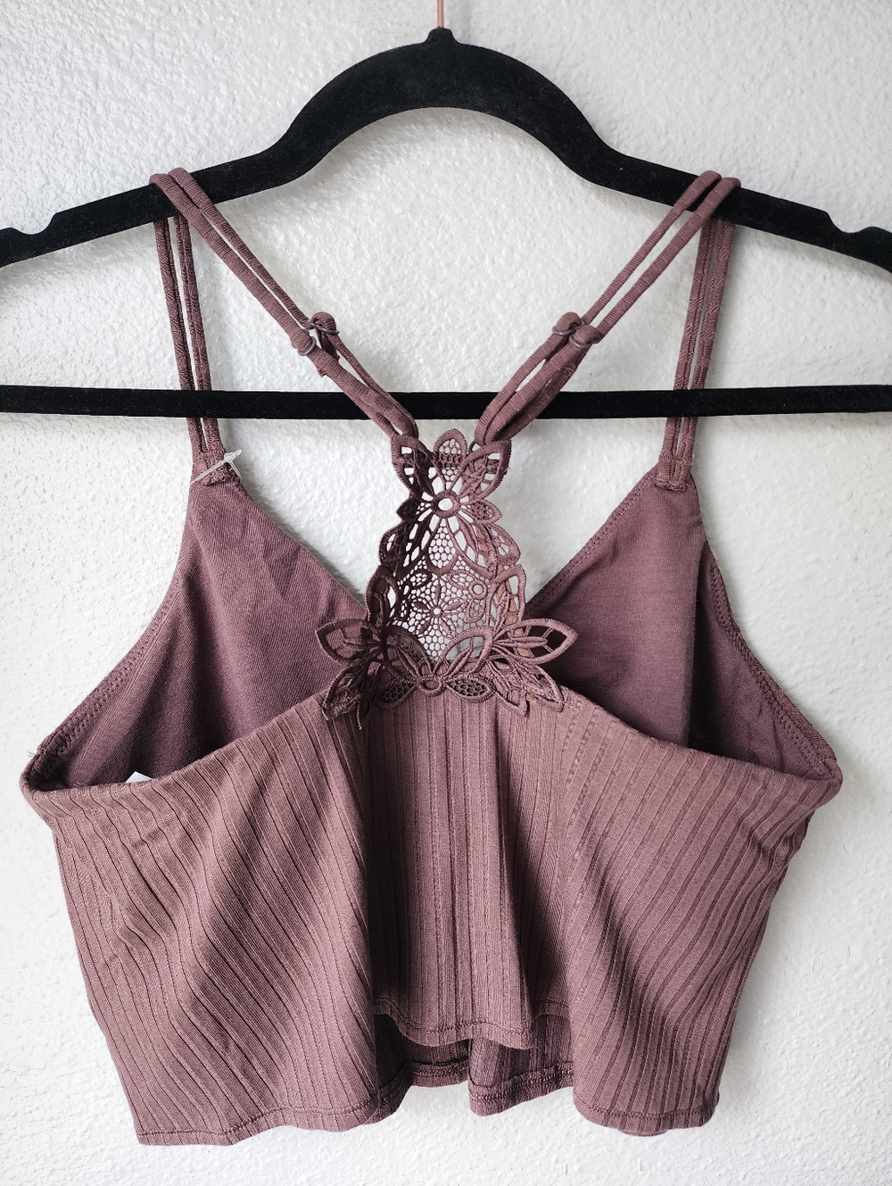 Aerie NWT Ribbed Cropped Racerback Embroidered Lace Bralette Medium In Brown - Picture 4 of 7